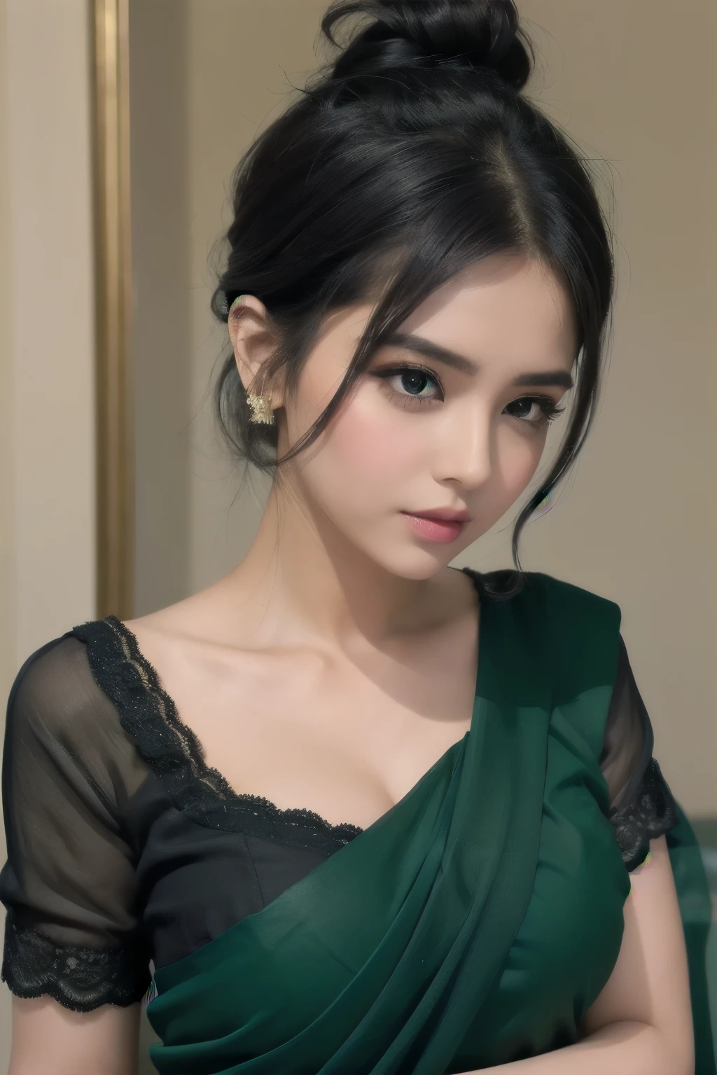 Sexy woman, black hair tied in a messy bun, amazing makeup, blushing intensely, flustered, lustful, perfect lips parted, black blouse, sheer dark green saree, hot