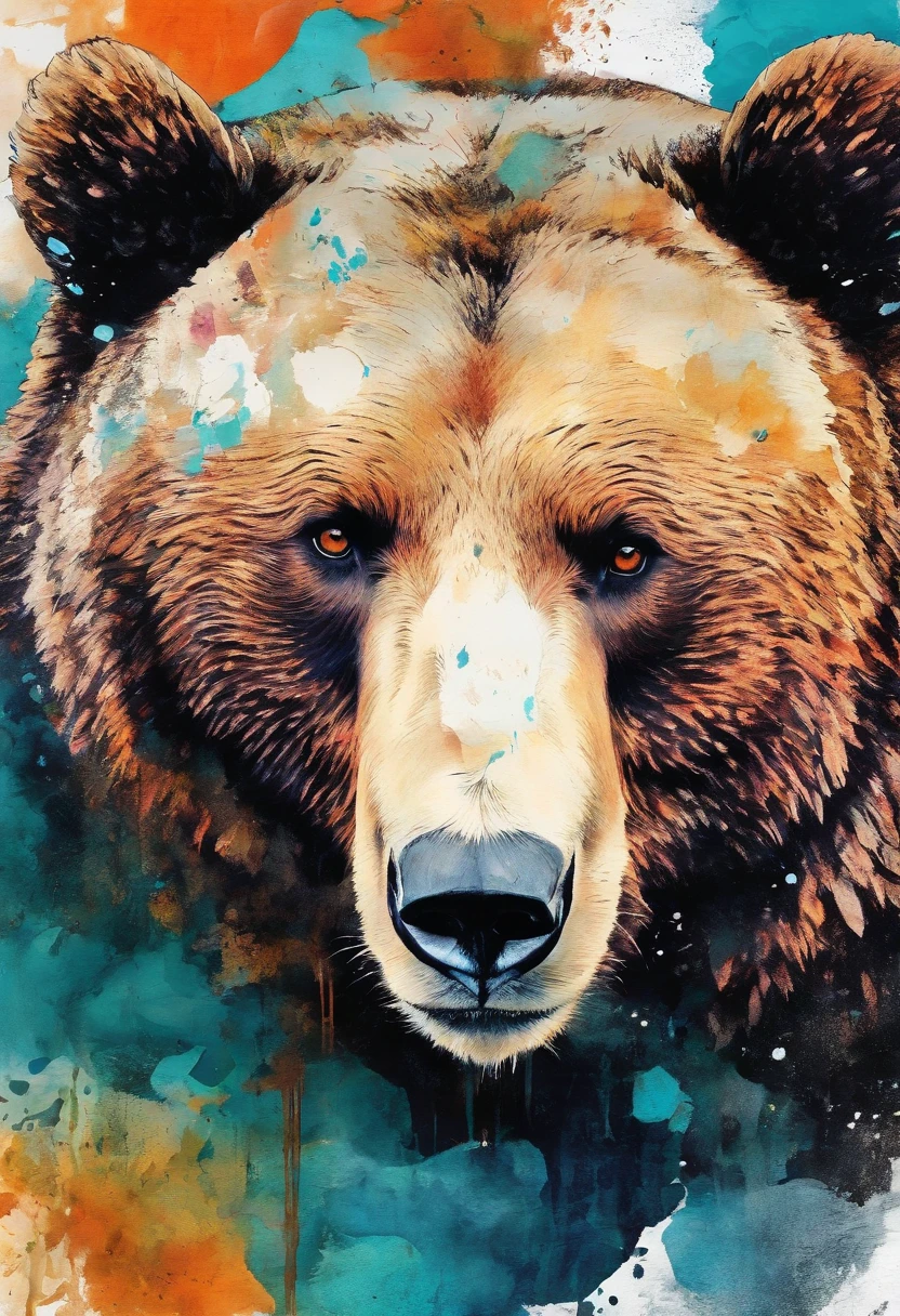 un ours de profil, fierce, ocean ::2 colorful ink painting ::2 art fantasy