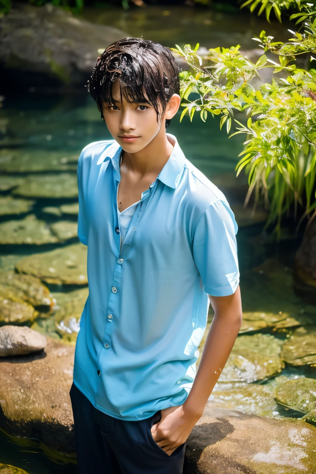 photo of young handsome Indonesian male 14 years old, long face type, flat body, short hair standing under flowing water on a rock with hands in hair,  , wet hair, wet skin, beautiful day, charming appearance, masterpiece , UHD, light natural, realistic