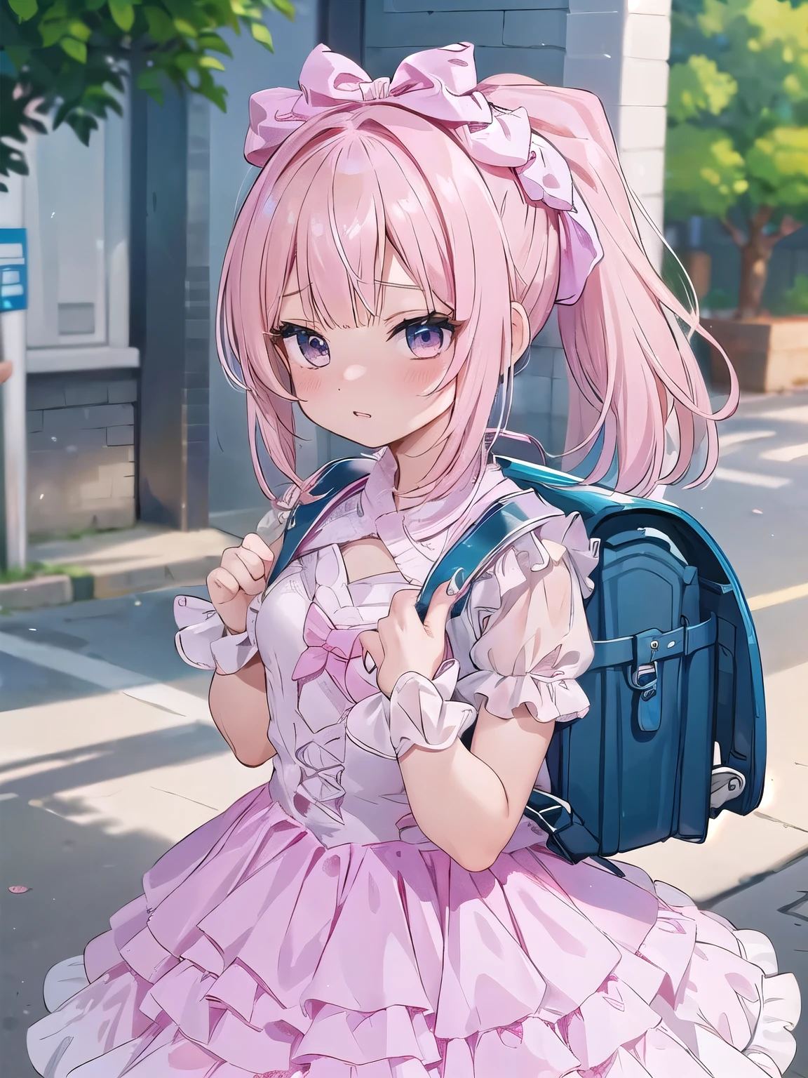 Masterpiece, best quality, ultra-detailed, (1girl, solo, cyb dress, pink dress, frills, see-through short sleeves, wrist cuffs , ponytail, diagonal bangs, very shy face,g.i. haircut, blonde hair), outdoor, wearing school backpack, (backpack:1.1)