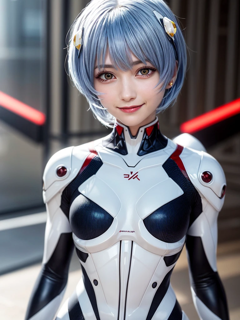 Masterpiece, highest quality, 8K, detailed skin texture, fine cloth texture, beautiful detailed face, intricate details, super detailed, portrait of Rei Ayanami, blue hair, red eyes, looking far away, no background, Evangelion Wearing a plug suit when riding, plug suit, whole body visible, standing, arms crossed, 15 years old, beautiful, cute, great style, smiling