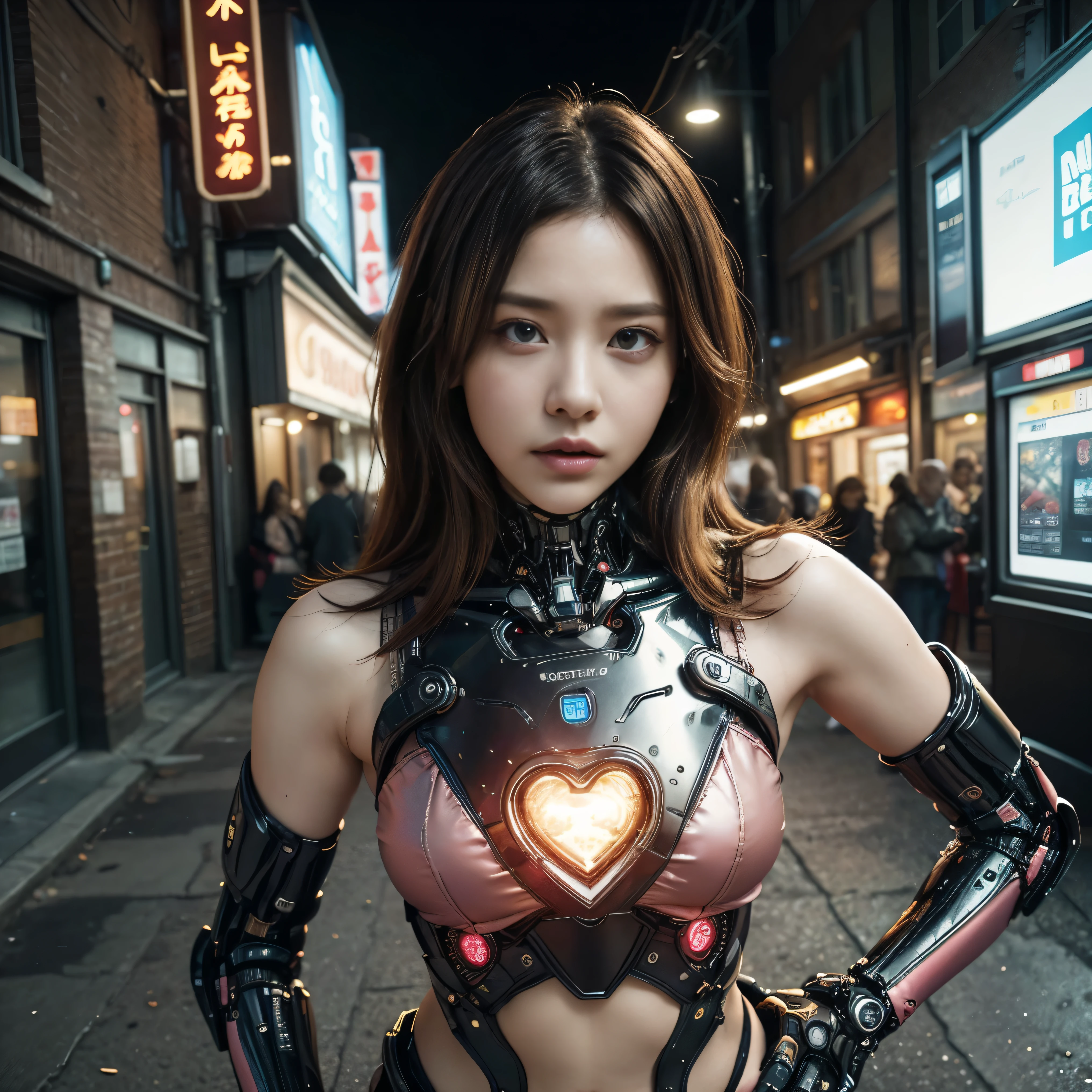 (highest quality、4k、8k、High resolution、masterpiece: 1.2)、Super detailed、(real、photorealistic、photorealistic: 1.37)、SF、beautiful young woman、bounty hunter、Cybernetic Weapons、cyberspace、High Tech City、Shining neon lights、((futuristic fashion))、((Skin-tight pink metallic outfit))、mythical creatures、intense action、Fast-paced、Exciting soundtrack、explosion、Advanced technology、Sharp contrast、Gritty atmosphere、Black Market Trading、Skyline at night、Steampunk elements、Laser gun combat、Hidden Alley、hovering drone、Enhanced Vision、The unforgiving metropolis、Cybernetic Implants、Secret organizationysterious Informant、High Speed Chase、Impressive acrobatics、Colorful holograms、Urban Exploration、Navigating Virtual Reality、A diverse and multicultural society、Dystopian society、 Crowded city street、hall々A high-rise building、Android Companion、Illegal cybernetic modifications、A heart-pounding adrenaline rush、Heroic determination