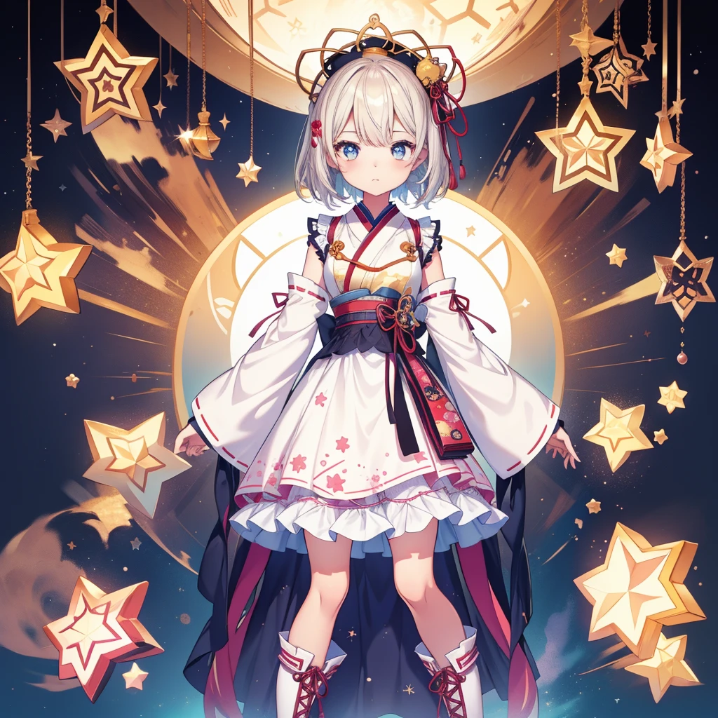 1girl、vtuber-fullbody、Star Fairy、masterpiece、official art、Super detailed、super beautiful、かわいいStar Fairy、white straight short hair、Milky Way、universe、star charm、star、baby face、Knee-high boots、Japanese pattern dress、A beautiful girl wearing black and white clothes that are a remake of a yukata.、universeを思わせるOiranフリルドレス、Oiran