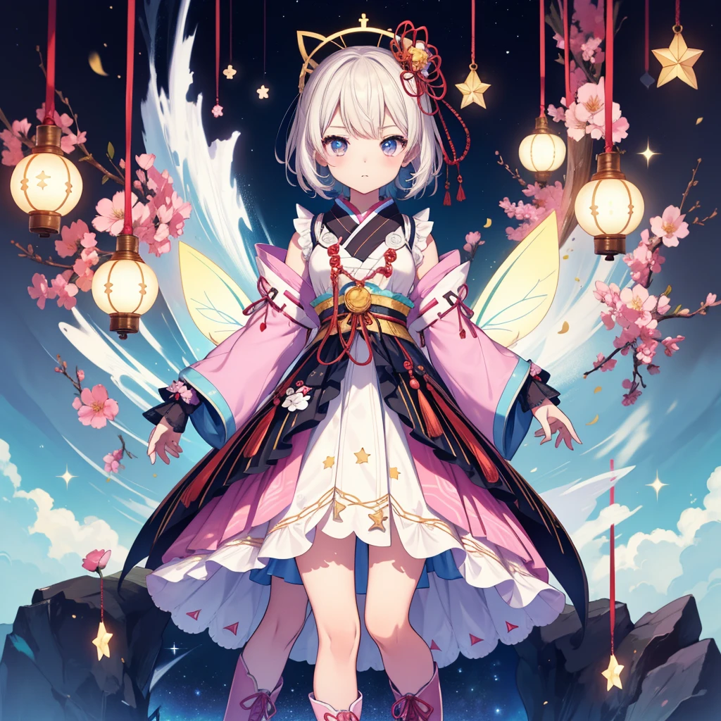 1girl、vtuber-fullbody、Star Fairy、masterpiece、official art、Super detailed、super beautiful、かわいいStar Fairy、white straight short hair、Milky Way、universe、star charm、star、、Knee-high boots、Japanese pattern dress、A beautiful girl wearing black and white clothes that are a remake of a yukata.、universeを思わせるOiranフリルドレス、Oiran