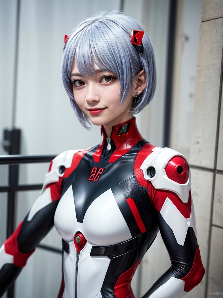 Masterpiece, highest quality, 8K, detailed skin texture, fine cloth texture, beautiful detailed face, intricate details, super detailed, portrait of Rei Ayanami, blue hair, red eyes, looking far away, no background, Evangelion Wearing a plug suit when riding, plug suit, whole body visible, standing, arms crossed, , beautiful, cute, great style, smiling