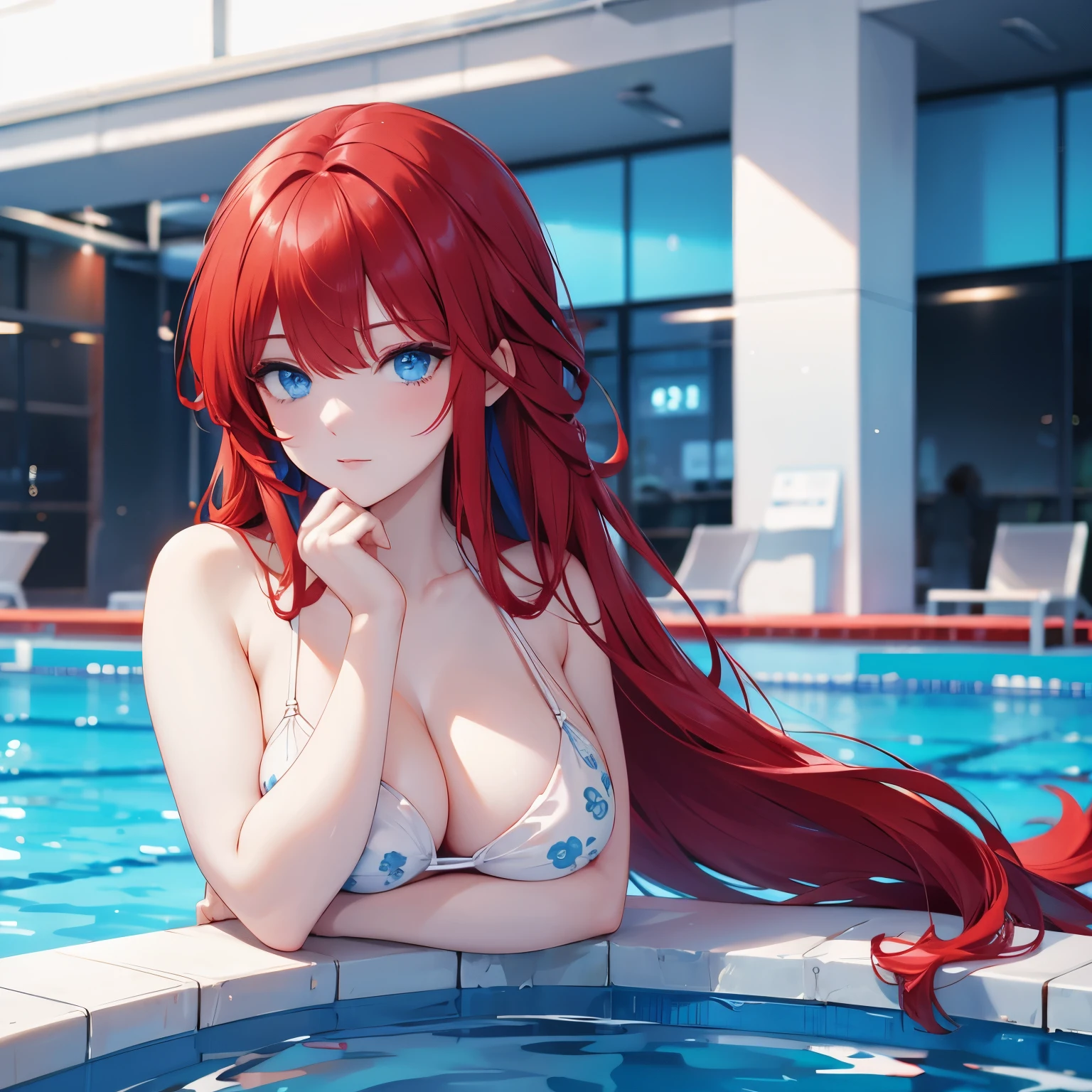 Red hair, blue eyes, pool