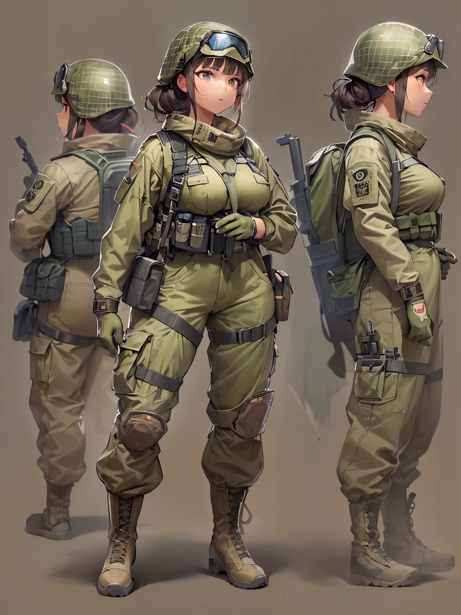 ((highest quality)),(ultra high resolution),(Super detailed),(detailed description),((The best CG)),(best work of art),super precision art,amazing drawing art,(Art with precise details:1.5), (female soldier:1.4),(beautiful and well-shaped face:1.5),(Form-fitting khaki combat suit:1.5),(Harness:1.4),Combat knife:1.6,dynamic pose,dynamic action