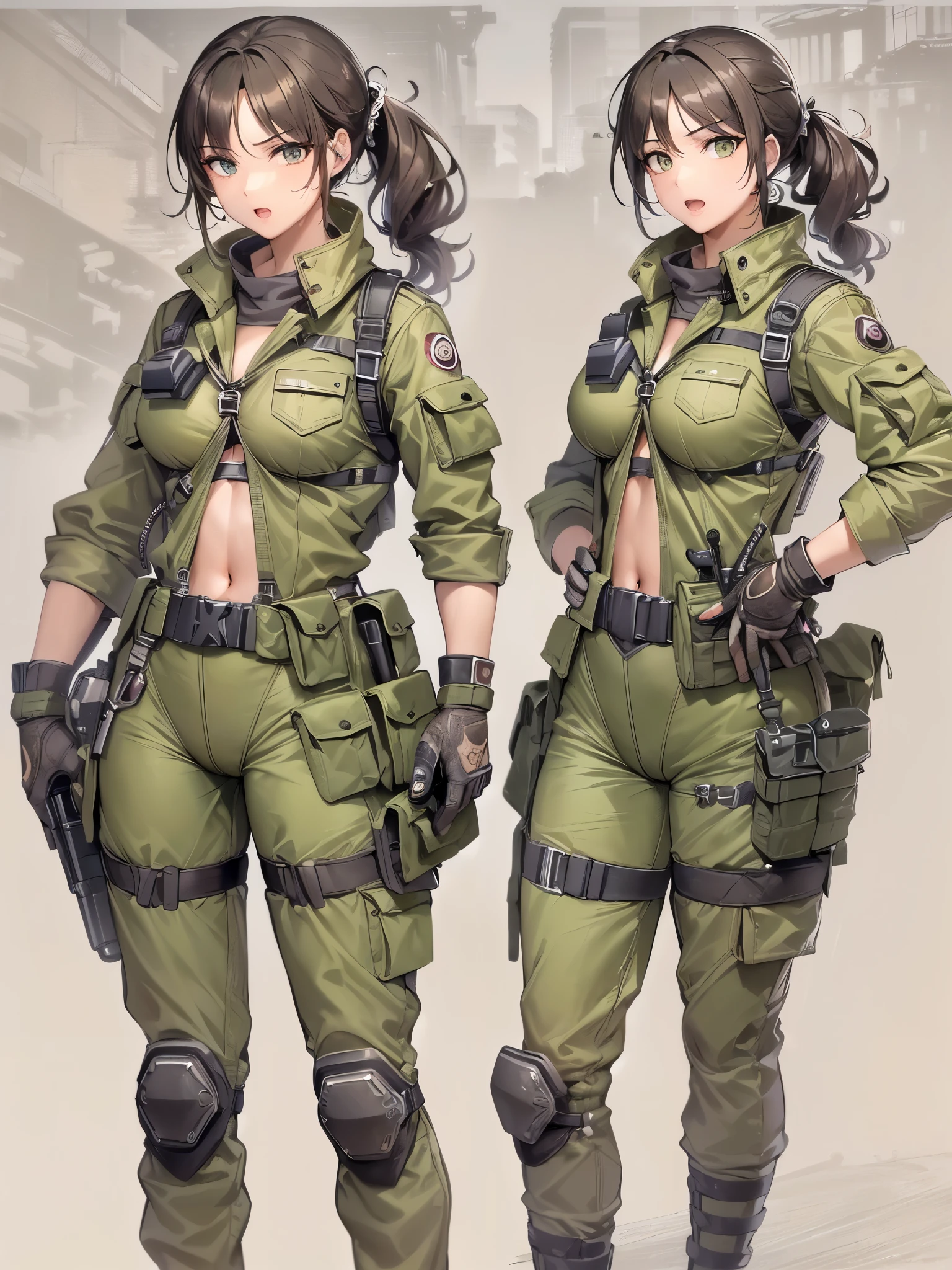 ((highest quality)),(ultra high resolution),(Super detailed),(detailed description),((The best CG)),(best work of art),super precision art,amazing drawing art,(Art with precise details:1.5), (female soldier:1.4),(beautiful and well-shaped face:1.5),(Form-fitting khaki combat suit:1.5),(Harness:1.4),Combat knife:1.6,dynamic pose,dynamic action