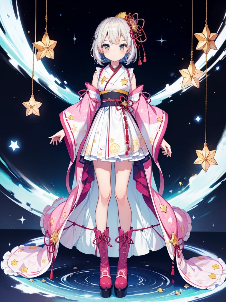 1girl、vtuber-fullbody、Star Fairy、masterpiece、official art、Super detailed、super beautiful、かわいいStar Fairy、white straight short hair、Milky Way、universe、star charm、star、baby face、Knee-high boots、Japanese pattern dress、A beautiful girl wearing black and white clothes that are a remake of a yukata.、universeを思わせるOiranフリルドレス、Oiran