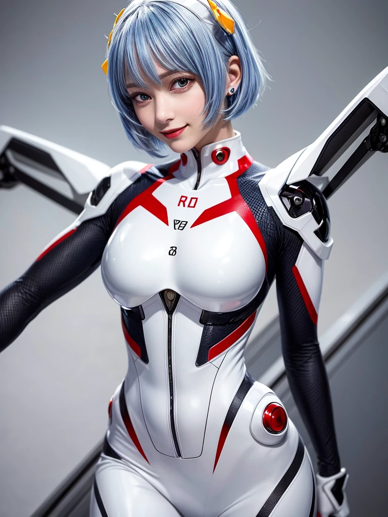 Masterpiece, highest quality, 8K, detailed skin texture, fine cloth texture, beautiful detailed face, intricate details, super detailed, portrait of Rei Ayanami, blue hair, red eyes, looking far away, no background, Evangelion Wearing a plug suit when riding, plug suit, whole body visible, standing, arms crossed, 15 years old, beautiful, cute, great style, smiling