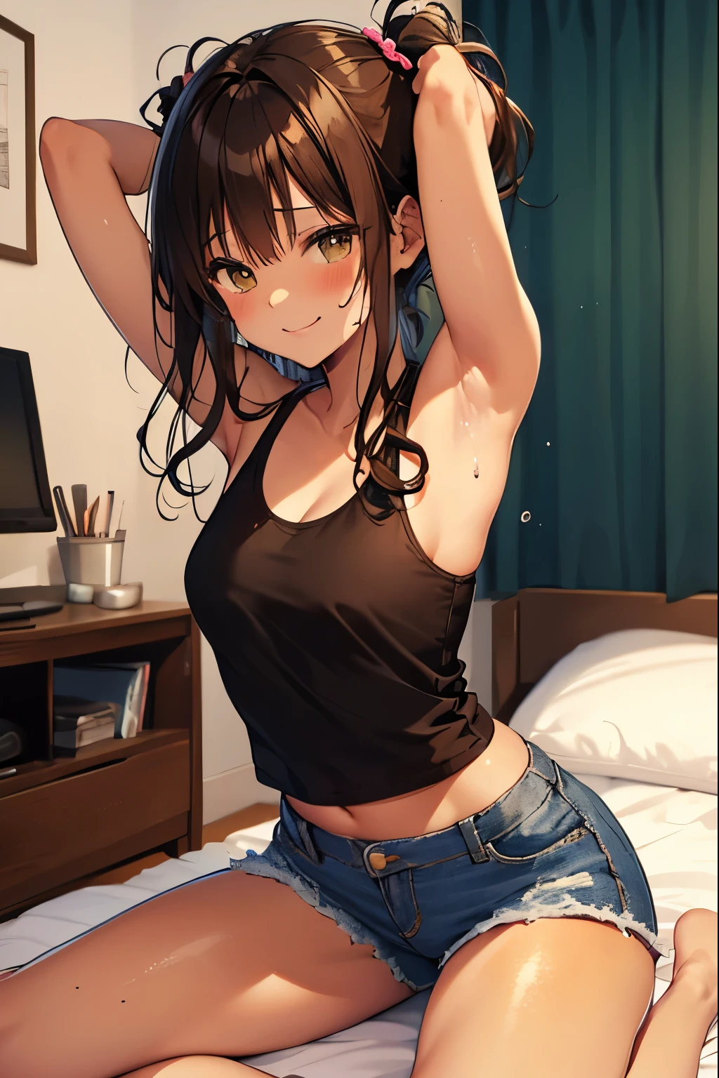 highest quality、Elementary school student bra、beige shorts、cool look、Stretching your legs in your room、armpit sweat、Grass、ecstasy face,(glamorous figure)， (1 girl), (highly detailed face, smile) ,, (japanese girl), Slightly round face, (Tan brown face:1.6), cute, Big eyes、2D，highest quality，(masterpiece)，(((The whole body is reflected)))，(((full body)))，Shoulder-length twin tails，((amber brown hair))，((beach waves))，healthy dark skin，((denim hot pants))，「cheap」A pink tank top with the words，Shiny bare legs，barefoot，beautiful brown eyes，attractive thigheaty ass，Sloppy body shape，Bedroom，Get drunk，upper grade，cheeks are bright red，あざでcute，Sexy as hell，erotic look，Large drops of sweat all over the body，It&#39;s stuffy，sleep with your legs stretched out、my room
