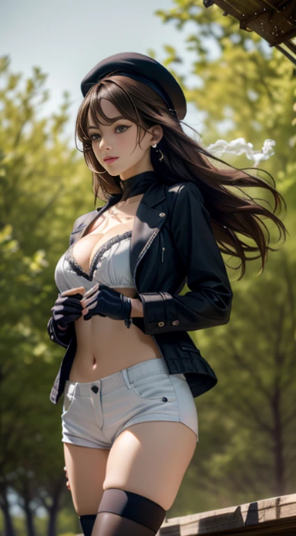 22 years old, (milf:0.8), (solo:1.5), (sfw:1.25), cute breast, beautiful breasts, medium tits, thin waist, big ass:1.0, Raised sexy, (beret, black jacket, open clothes, cleavage, midriff, black shorts, black thighhighs, thigh strap, fingerless gloves, single glove:1.2), blue eyes, light smile, big , Revimpling fabric, earrings, Hand gloves, detailed face,(smoking:1.3),long hair,side ponytail,hair between eyes,bangs,detailed and beautiful eyes,beautiful detailed lips,Rolling her eyes,manner,hair over one eye, (ultra high resolution, 8K RAW photo, photo realistics, thin outline:1.3, clear focus), best qualtiy, natural lighting, textile shading, sharp back ground, field depth, (Bright pupils, fine detailed beautiful eyes with highlight:1.3, high detailed face), Red lip, fine realistic skins:1.1, looking down viewers:1.3, (dynamic angle:1.3, front view:1.1, breast focus:1.3, from below:1.2), (dynamic posing:1.5, sexy posing:1.2),Youghal, side lock, hair ornaments, hair band,nice,garden background,artistic rendering,Super detailed,(highest quality,4k,8K,High resolution,masterpiece:1.2),Bright colors,studio lighting,in usa military base,