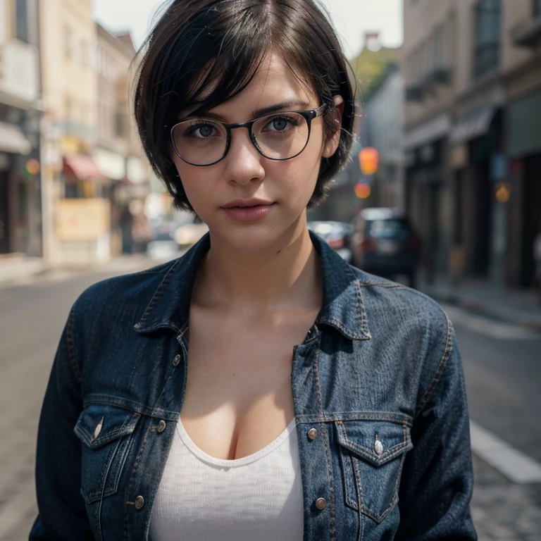 Girls,glasses eyes,short hair,black hair,jeans jacket,jeans,neat and clean,high intonation,(best quality,4k,8k,highres,masterpiece:1.2),ultra-detailed,(realistic,photorealistic,photo-realistic:1.37),vivid colors,portraits,bokeh,soft lighting