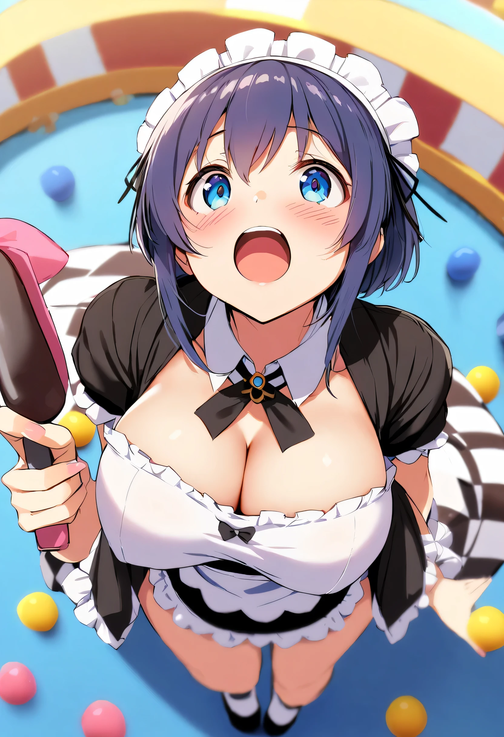 (Blush:1.3),(Panty Stain:1.4), Young Woman Holding Small Panty in Hand at Candy Themed Amusement Park.BREAK ((Looking Up)),((Top Angle:1.3)), Looking at Camera from Top, BREAK (Gal:1.1),(Torpedo Breasts, Cleavage),( Glamour:1. 3))),(Maid, Racing Model),