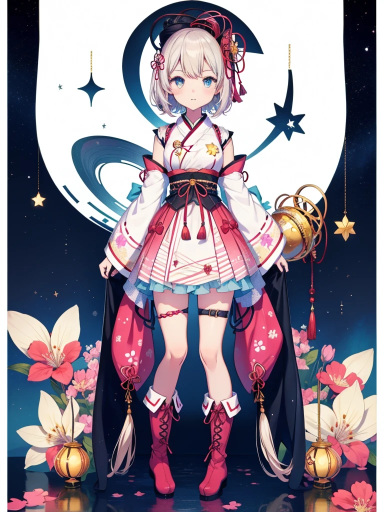 1girl、vtuber-fullbody、anime,Star Fairy、masterpiece、official art、Super detailed、super beautiful、かわいいStar Fairy、white straight short hair、Milky Way、universe、star charm、star、、Knee-high boots、Japanese pattern dress、A beautiful girl wearing black and white clothes that are a remake of a yukata.、universeを思わせるOiranフリルドレス、Oiran