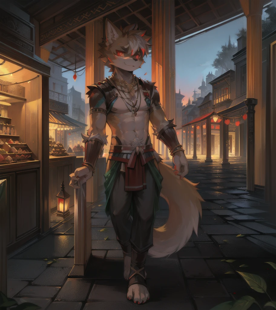 BREAk, master masterpiece, high resolution, 8k, detailed background, high quality, BREAk, BREAk, (yellow fur, black sclera, red eyes, fluffy fur, detailed fur)) shaggy, broken, masculine, boy, humanoid, fig leaf, loincloth (ancient Greek architecture, bazaar, necklace, bracelet), solo