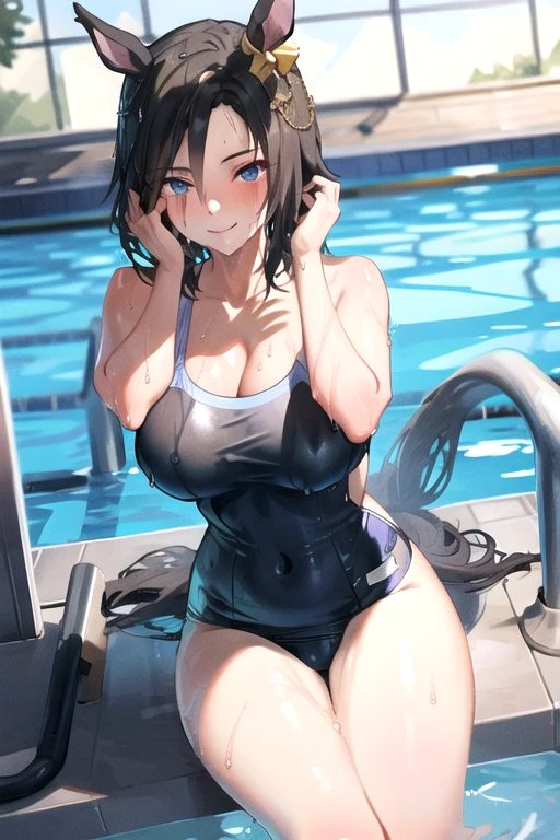 (air groove \(umamusume\):1.4), BREAK, (indoor pool side:1.2), BREAK, (masterpiece, best quality:1.4), (super fine illustration, shiny skin, detailed skin, detailed face, cute, detailed eyes, anime screencap:1.2), Break, (), (athletic body, :1.2), BREAK, (one-piece swimsuit:1.5), (sitting on floor, scratching own head:1.5), BREAK, ( smile:1.3), (blush:1.2), (sweat, wet, wet hair:1.2), Break, (pubic hair:1.1)