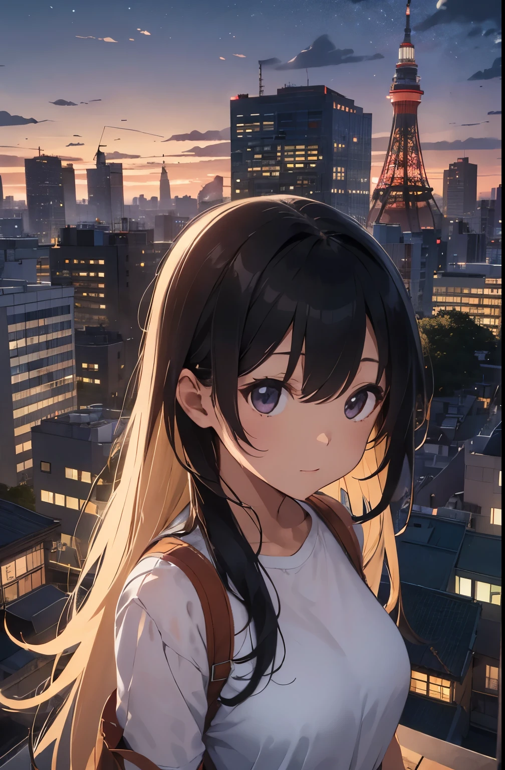 At the moment when golden hour turns into night、View from a rooftop in Tokyo with the skyline in the background。Beautiful Japan Woman、Wearing a white minimalist swimsuit、Standing facing the camera。Her long green hair fluttering in the breeze、The golden light creates a silhouette effect that envelops her.。Behind her are cherry blossoms in full bloom.、It symbolizes the peaceful coexistence of city life and nature.。In the image、Including the lights of Tokyo Tower and the moonlight.、The silence and beauty of the night are emphasized.。Camera settings are in manual mode、F score is f2.Range: 8 to F4、The shutter speed is 1/Over 250 seconds、ISO is set to 100 or 200。