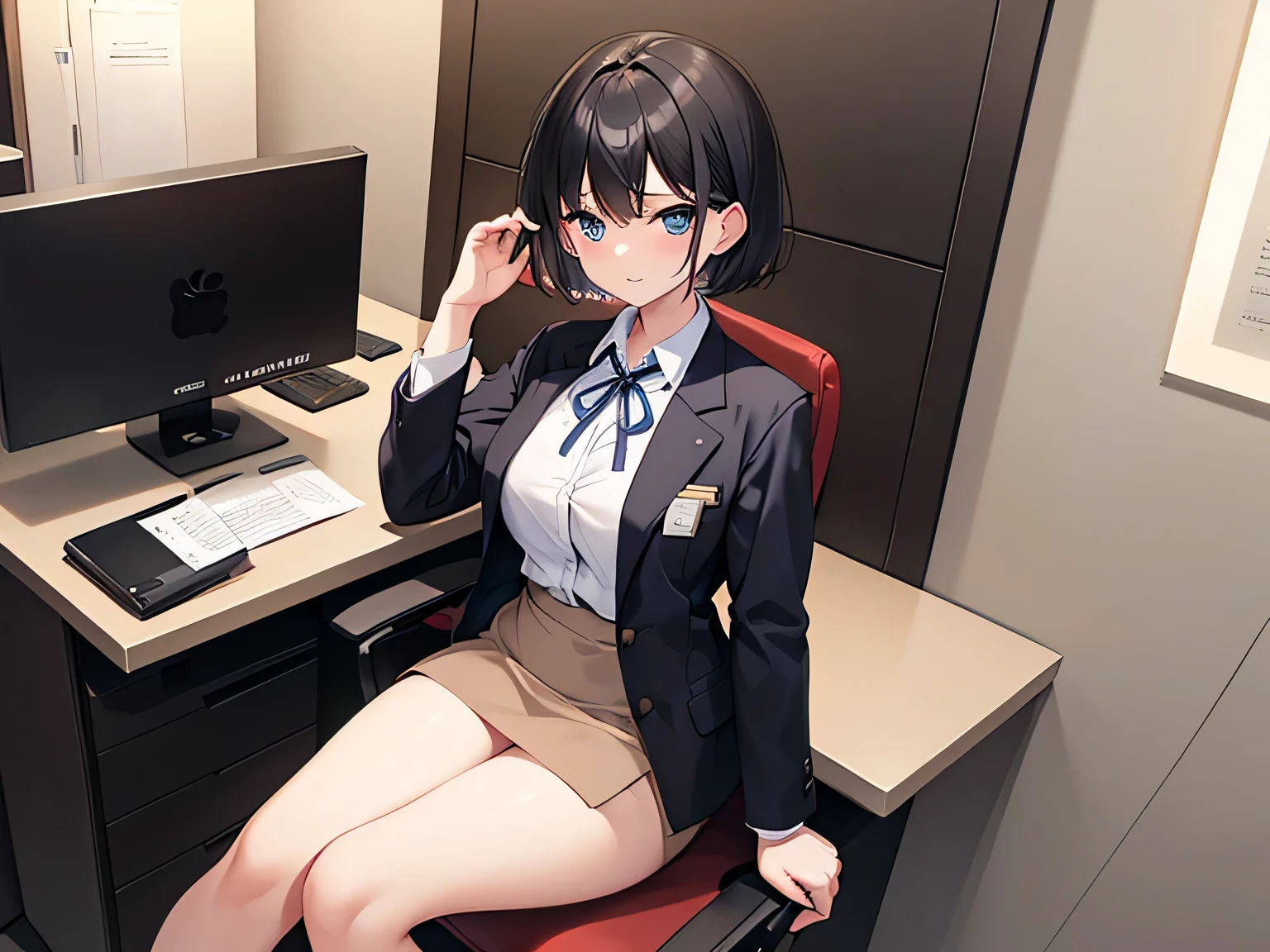 (masterpiece、highest quality、High resolution、realistic pictures、real looking skin:1.1)、
(The company&#39;s receptionist is working while sitting politely in the office chair at the reception desk.:1.8)、
(She has a troubled look:1.5)、
(She is wearing a light blue reception blazer and mini skirt set.:1.5)、
(She is wearing black high heels:1.5)、
(Since I&#39;m at the reception desk, I have the first button fastened and a ribbon around my neck.:1.5)、
(black short hair:1.5)、
(Location: General Reception Center reception desk:1.5)、
1 Japanese girl、solo、full body esbian、beautiful eyes、shining eyes、Shining thighs、NSFW