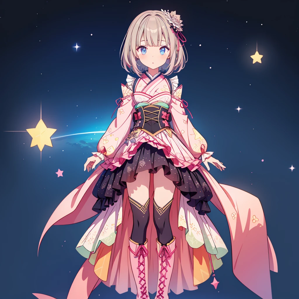 1girl、lower body shot、Focus on boots、vtuber-halfbody、Star Fairy、「A beautifully printed galaxy patterned kimono and gothic lolita outfit.、Space pattern box pleated mini skirt with ruffles、Front view portrait、Knee-high boots、enchanting eyes、Perfect and stunning face、exquisite details、clear image、highest quality。」short hair、