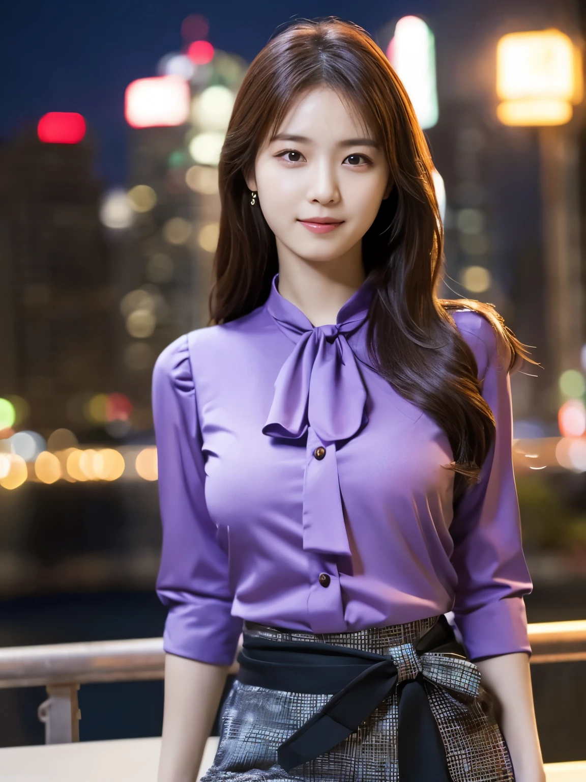 1 girl, (wearing a violet blouse:1.2), short skirt, beautiful japanese actress,
(RAW photo, highest quality), (realistic, Photoreal:1.4), masterpiece,
very delicate and beautiful, very detailed, 2k wallpaper, wonderful,
finely, very detailed CG Unity 8k wallpaper, Super detailed, High resolution,
soft light, beautiful detailed girl, very detailed目と顔, beautifully detailed nose, beautiful and detailed eyes, cinematic lighting,
break,
(Against the backdrop of a night cityscape 1.3), city lights,
perfect anatomy, slender body, smile, Face the front completely, (look at the camera), (waist shot), emphasize big breasts,