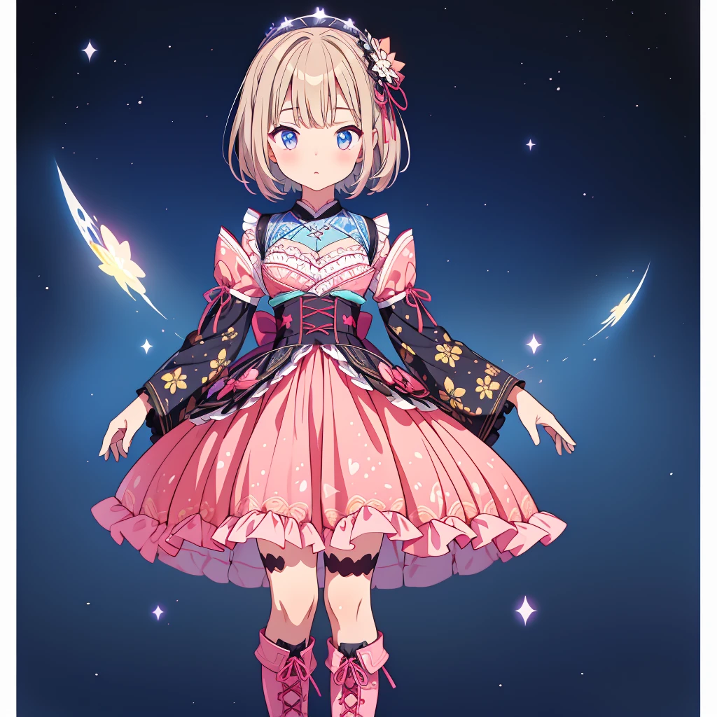 1girl、lower body shot、Focus on boots、vtuber-halfbody、Star Fairy、「A beautifully printed galaxy patterned kimono and gothic lolita outfit.、Space pattern box pleated mini skirt with ruffles、Front view portrait、Knee-high boots、enchanting eyes、Perfect and stunning face、exquisite details、clear image、highest quality。」short hair、