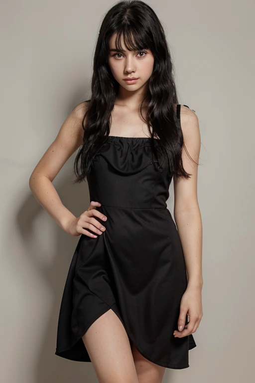 age girl, black hair , wavey hair , black eyes, lavenderdress, white skin.