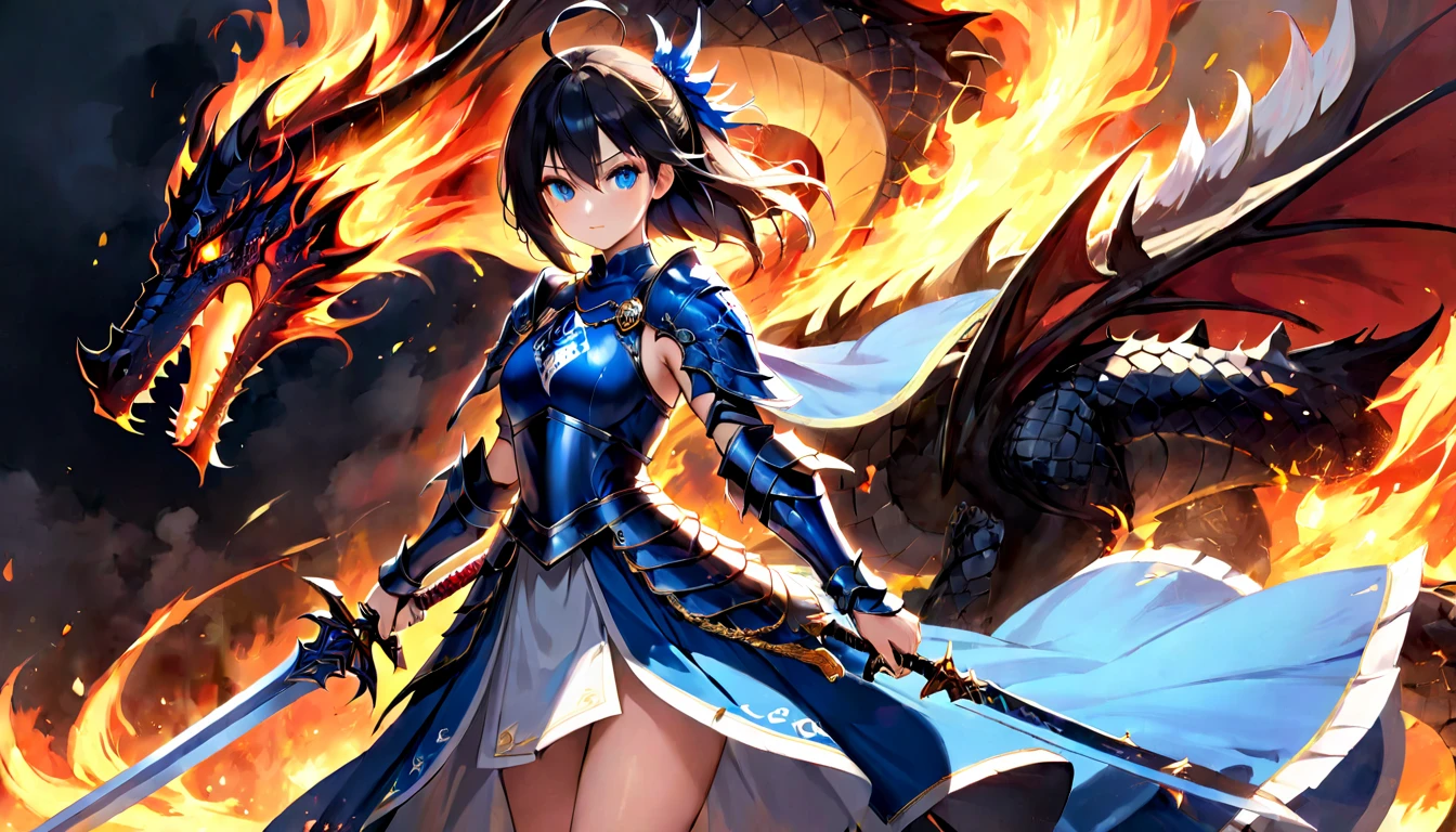 (masterpiece, best quality, very aesthetic, absurdres,general) , 1girl, solo, A girl with a long double-edged straight sword, a blue knight's armor, the dignified face of a fighter, a long skirt, beautiful eyes seen by the calves, and a burning dragon.