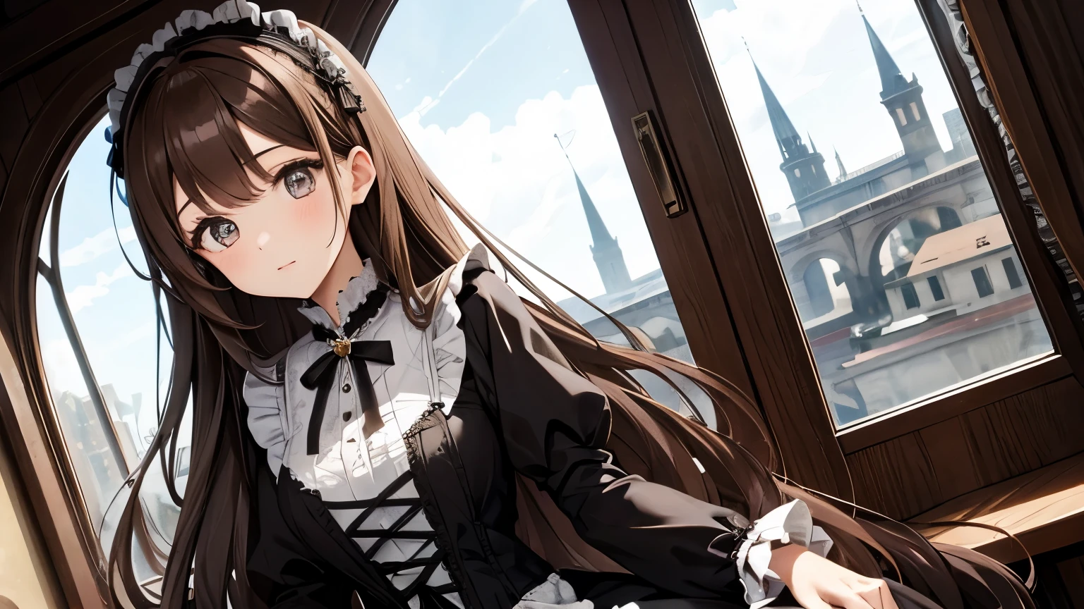 Beautiful woman wearing a Gothic Lolita dress　long brown hair