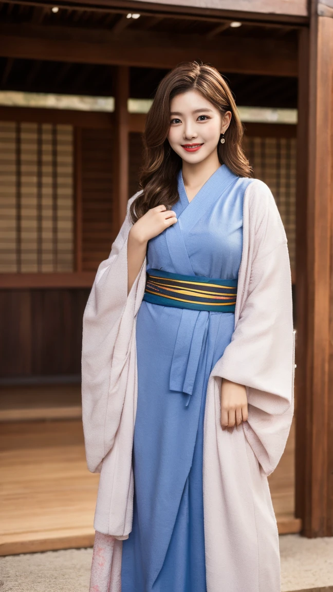 Temple、Colorful kimono、open chest、I&#39;m not wearing anything inside、full body shot、NiziUAYAKA、 ４Ｋ、１people&#39;s women、slender、 Loose wavy styling 、seductive and attractive、Including face and skin texture.，detailed eyes、A soothing expression with a smile