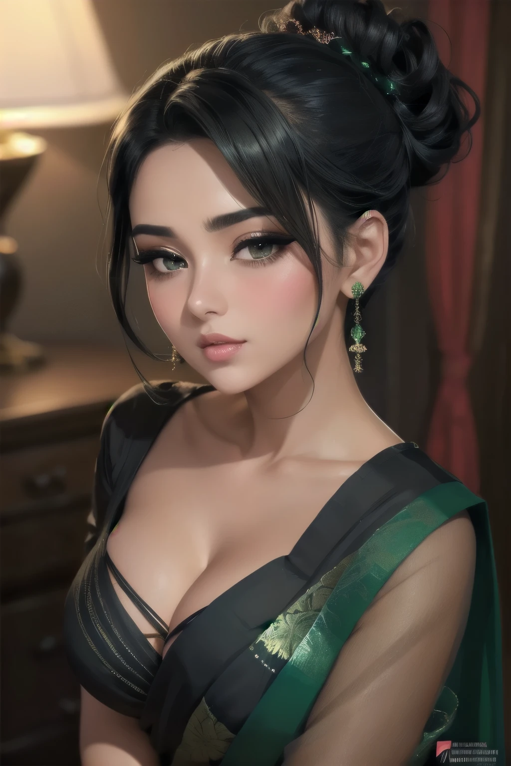 Sexy woman, black hair tied in a messy bun, amazing makeup, blushing intensely, flustered, lustful, perfect lips parted, black blouse, sheer dark green saree, hot