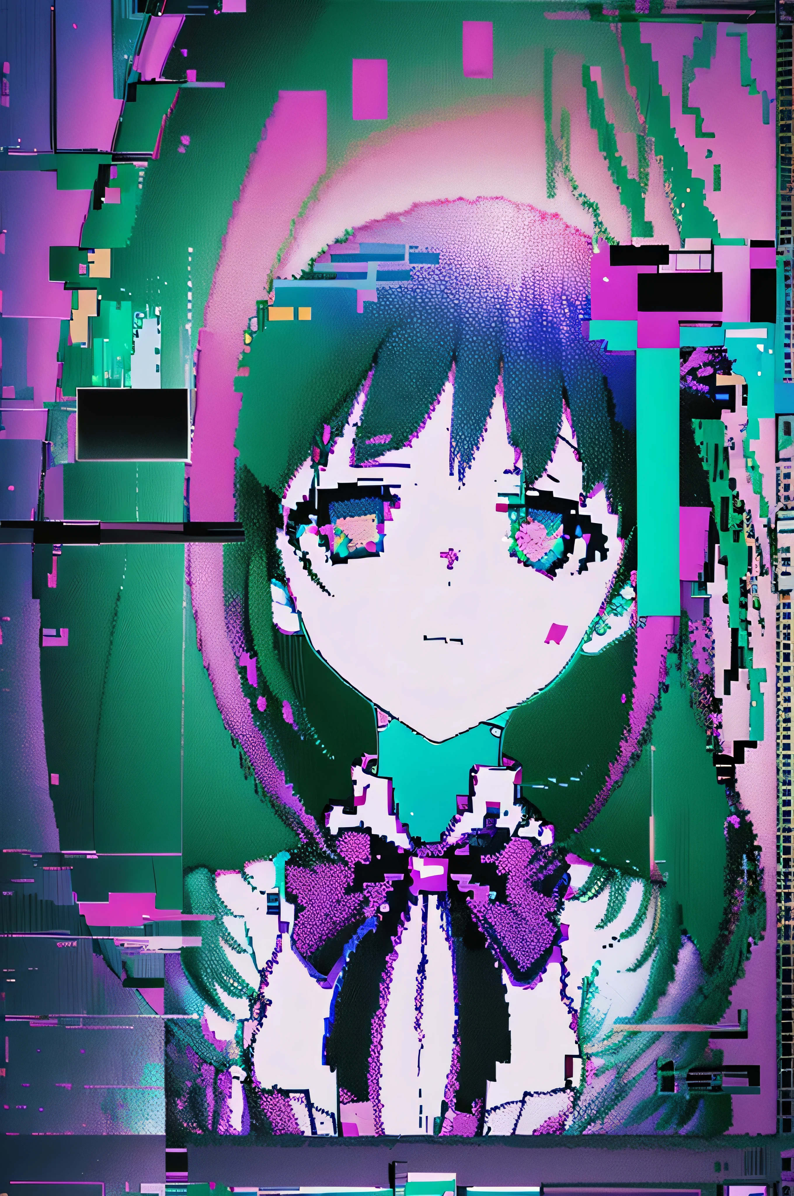 anime girl, glitchy, noisy and glitched, ( ( glitch art pixel sorting ) ), glitch art, glitch! art, glitched, databending, glitch!!, with glitch and scribble effects, glitchart, computer glitch, anime girl in ascii art style, Deep inside you is some love, black