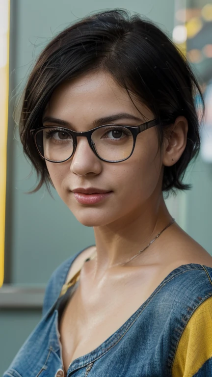 (best quality,8K,highres,masterpiece:1.2),ultra-detailed,(realistic,photorealistic,photo-realistic:1.37),girl with glasses,short black hair,black eyes,bright yellow,cheerful,blue jeans,vivid colors,sharp focus,portraits,studio lighting,colorful background,bokeh