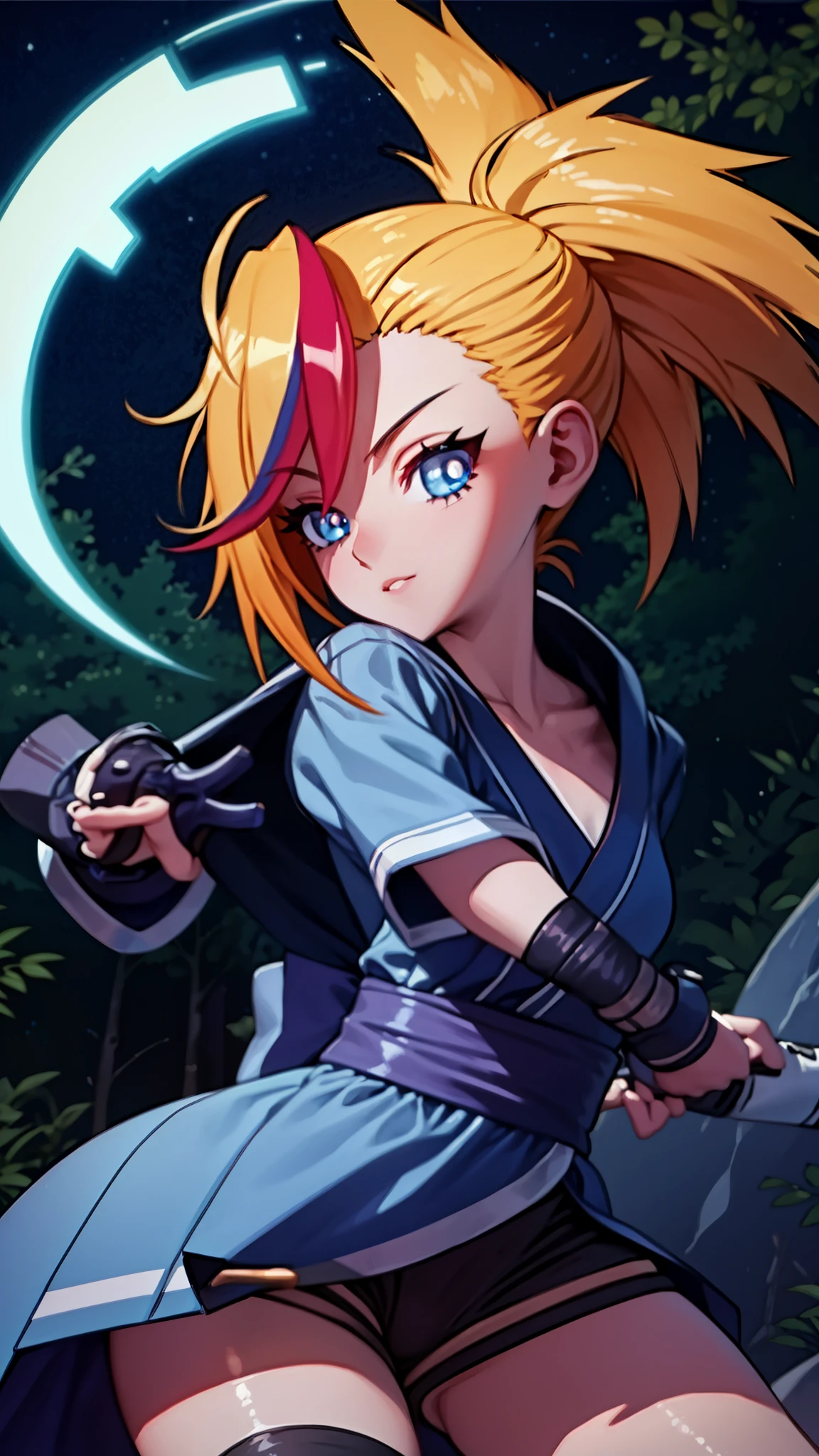 (best quality,ultra-detailed),ultra detailed face,ultra detailed hair,long eyelashes,glowing blue eyes,glowing lips,black and white kimono,katana,cute pose, camping at night 