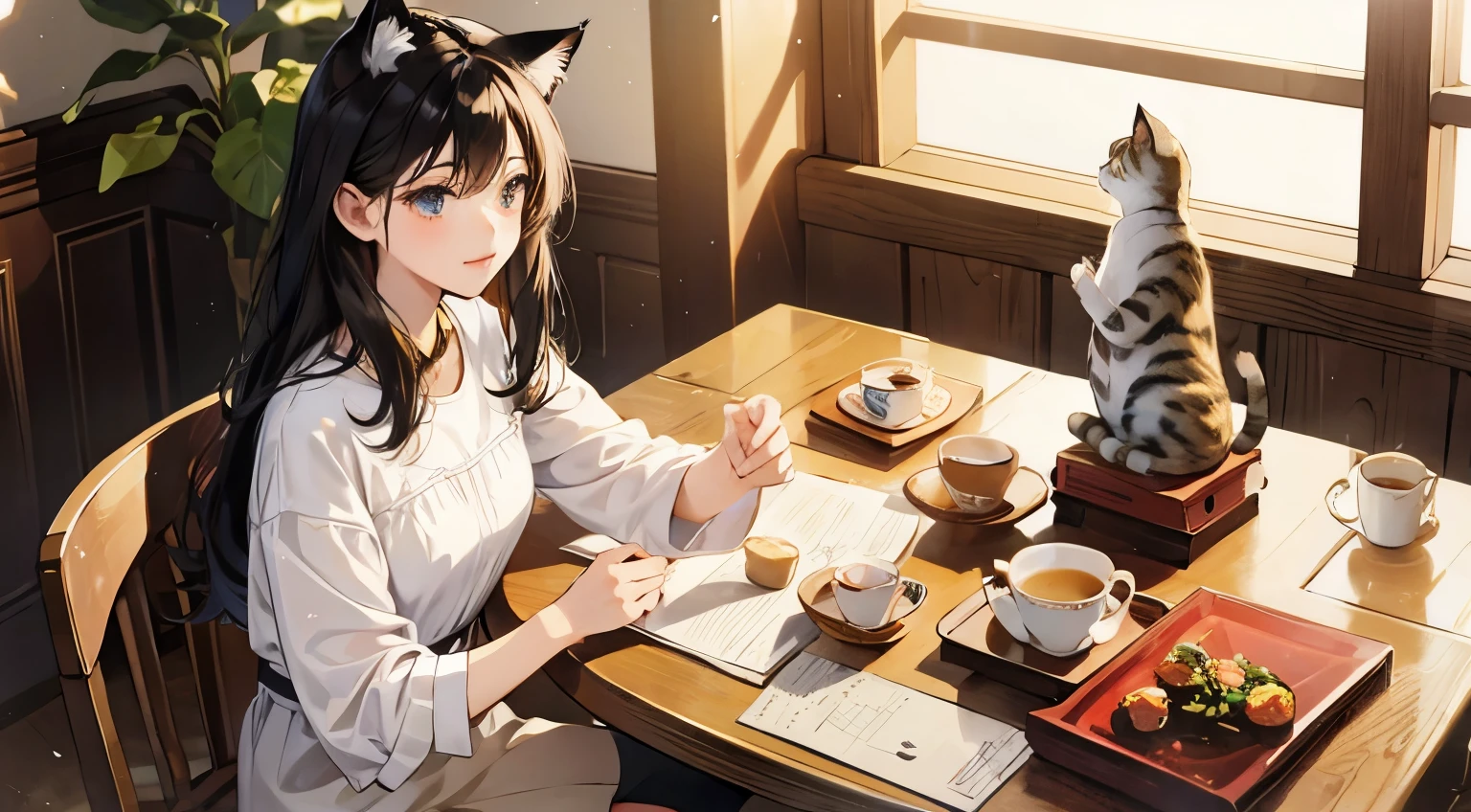 cat ears woman、simple clothes、tea time