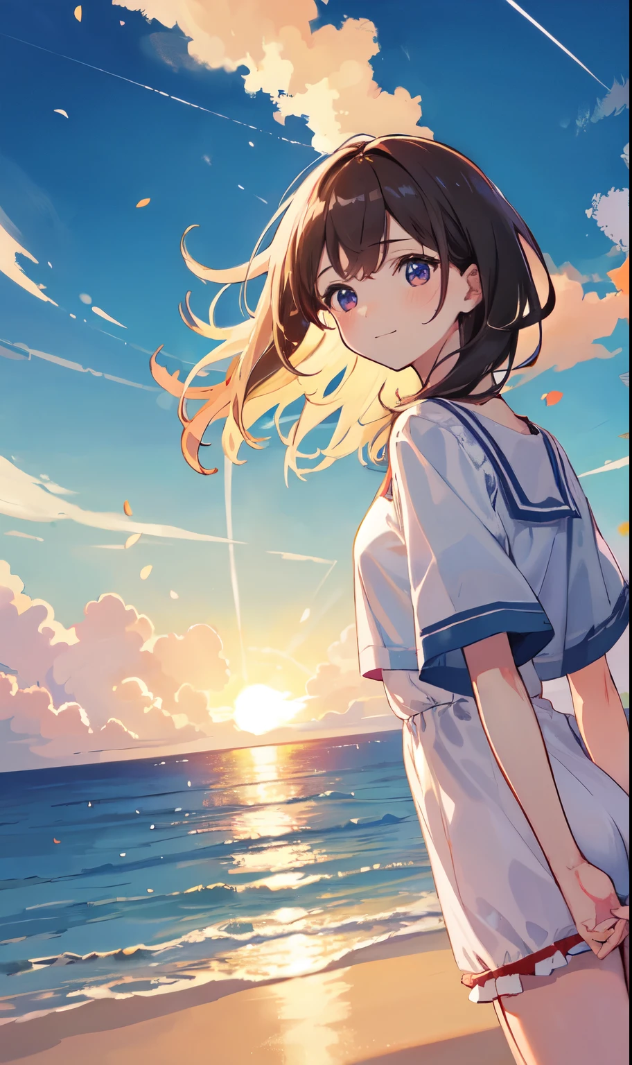 (highest quality, HDR, masterpiece, 8K, super detailed:1.2), cinematic angle, shine, shiny skin, Backlight, particles of light,
outdoor, Day, まだらのDay差し, Ocean, beach, skyline, blue sky, beautiful clouds, gradation sky, contrail,
1 girl, alone, cowboy shot, slight smile, blush, from below, floating hair, Wind, petal
