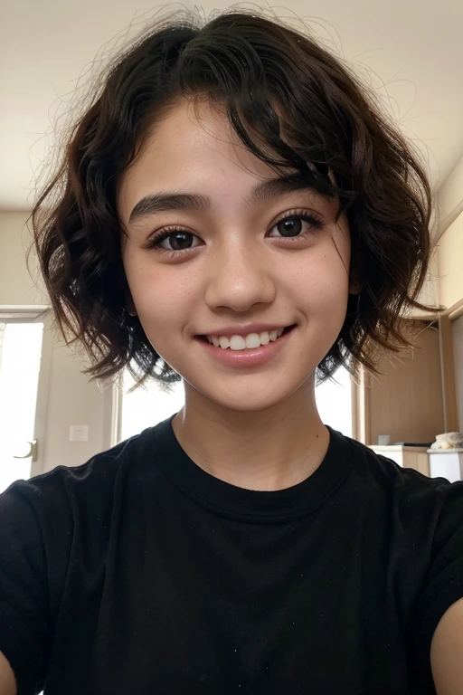 1girl, curly hair,, black eyes, upper teeth only, middle school student, school uniform, full face blush, light smile, blushing, crushing, 16 years old, legally a minor, Japanese, teenager, adolescent, short hair, very short hair, extremely short hair, taking selfie, japan, asian