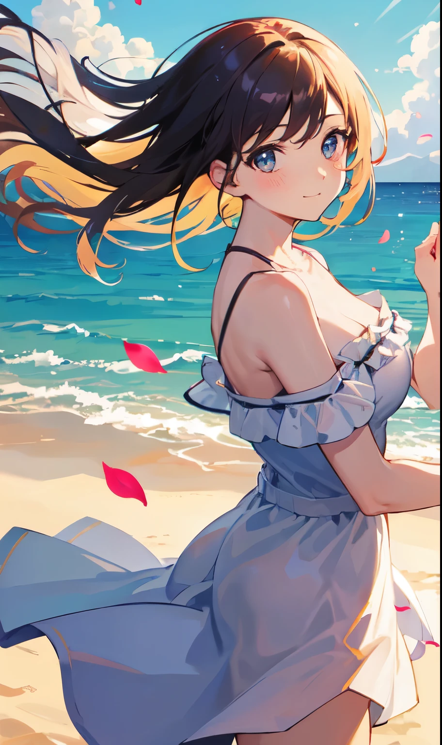 (highest quality, HDR, masterpiece, 8K, super detailed:1.2), cinematic angle, shine, shiny skin, Backlight, particles of light,
outdoor, Day, まだらのDay差し, Ocean, beach, skyline, blue sky, beautiful clouds, gradation sky, contrail,
1 girl, alone, cowboy shot, slight smile, blush, from below, floating hair, Wind, petal