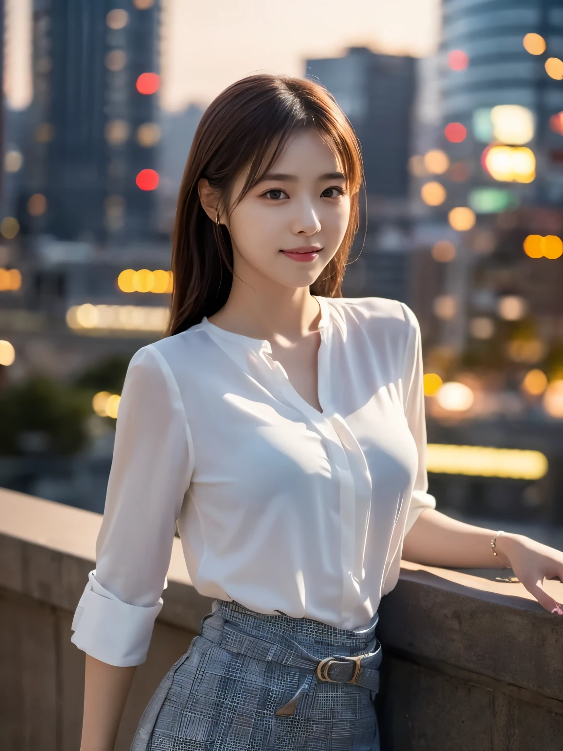 1 girl, (wearing a white blouse:1.2), short skirt, beautiful japanese actress,
(RAW photo, highest quality), (realistic, Photoreal:1.4), masterpiece, 
very delicate and beautiful, very detailed, 4k wallpaper, wonderful, 
finely, very detailed CG Unity 8k wallpaper, Super detailed, High resolution, 
soft light, beautiful detailed girl, very detailed目と顔, beautifully detailed nose, beautiful and detailed eyes, cinematic lighting, 
break,
(Against the backdrop of a night cityscape 1.3), city lights, 
perfect anatomy, slender body, smile, Face the front completely, (look at the camera), (waist shot), emphasize big breasts,