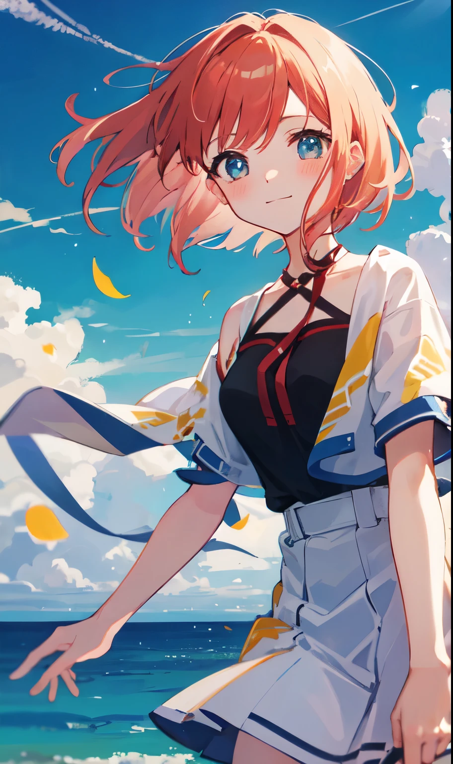 (highest quality, HDR, masterpiece, 8K, super detailed:1.2), cinematic angle, shine, shiny skin, Backlight, particles of light,
outdoor, Day, まだらのDay差し, Ocean, beach, skyline, blue sky, beautiful clouds, gradation sky, contrail,
1 girl, alone, cowboy shot, slight smile, blush, from below, floating hair, Wind, petal