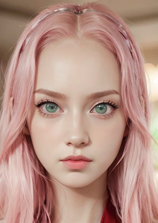 young woman, short shoulder-length pink hair, wide forehead, porcelain skin, pink eyebrows, big emerald green eyes, buttoned nose, full lips, heart-shaped face, slender body, small breasts, red tank top, Sakura Haruno , realistic, realism, details, 3d, well detailed
