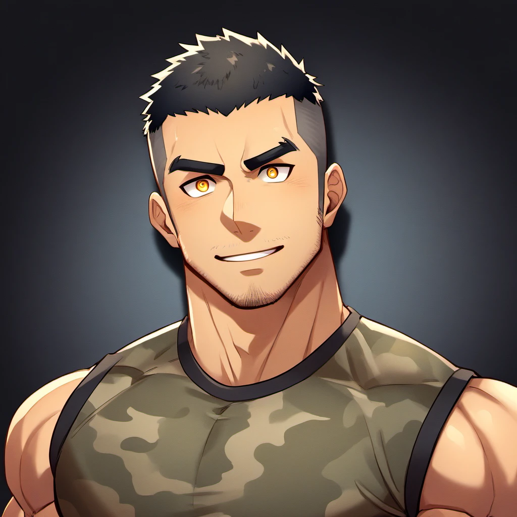 anime characters:Gyee, Fitness coach, 1 muscular tough guy, Manliness, male focus, Camouflage sleeveless T-shirt, Very tight, Slightly transparent, muscular male, muscular, only, Upper body, alone, Black short hair, Thick eyebrows, stubble, Yellow eyes, Black background, simple background, amazing quality, best aesthetics, Ridiculous, bright pupils, crew cut, parted lips, embarrassed, forced smile, drop shadow, best quality