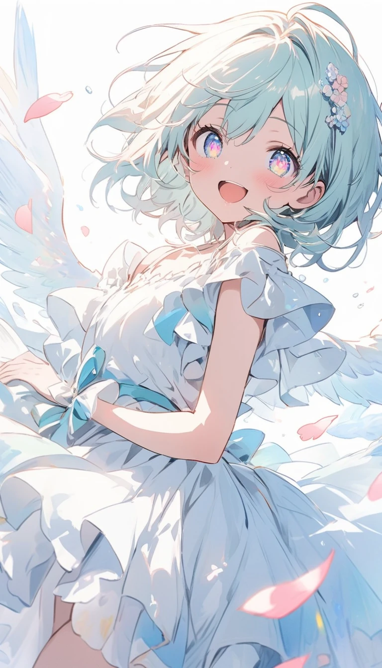 (highest quality、masterpiece、High resolution、detailed), (Shining eyes、detailed美しい顔)、beautiful anime、BREAK,In a pastel and watercolor style,
soft-colored petals are dancing in the air.
A charming Cupid with a smile is depicted, radiating happiness.