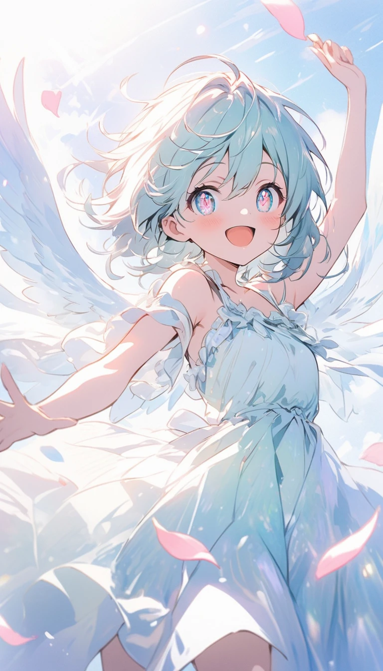 (highest quality、masterpiece、High resolution、detailed), (Shining eyes、detailed美しい顔)、beautiful anime、BREAK,In a pastel and watercolor style,
soft-colored petals are dancing in the air.
A charming Cupid with a smile is depicted, radiating happiness.