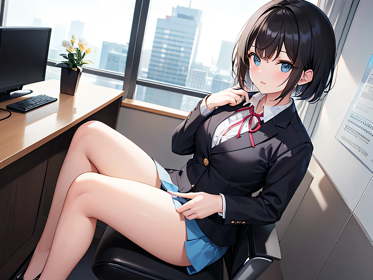 (masterpiece、highest quality、High resolution、realistic pictures、real looking skin:1.1)、
(The company's receptionist is working while sitting politely in the office chair at the reception desk.:1.8)、
(She has a troubled look:1.5)、
(She is wearing a light blue reception blazer and mini skirt set.:1.5)、
(She is wearing black high heels:1.5)、
(Since I'm at the reception desk, I have the first button fastened and a ribbon around my neck.:1.5)、
(black short hair:1.5)、
(Location: General Reception Center reception desk:1.5)、
1 Japanese girl、solo、full body esbian、beautiful eyes、shining eyes、Shining thighs、NSFW