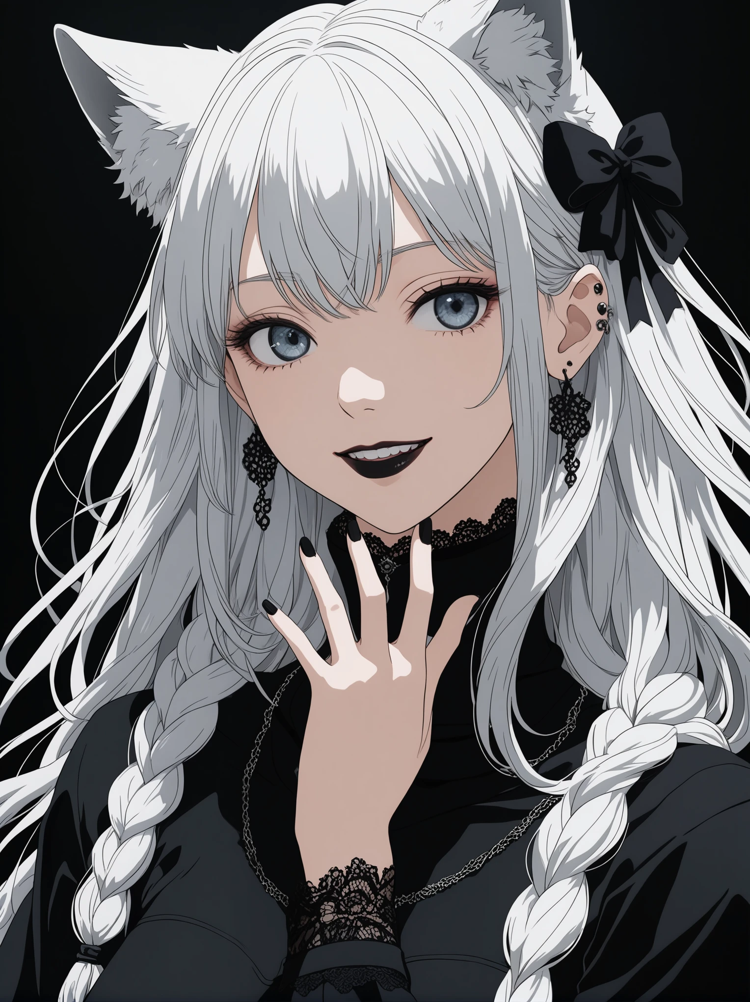 studio ghibli anime ,screencap , masterpiece, best quality, highly detailed, shading,(fullbody shot:3.0), Goth woman, perfect face, beautiful eyes, perfect eyes, thick eye lashes, beautiful face, dark makeup, dark lipstick, wearing, happy, pale skin, smiling, perfect white teeth, long curly white hair, side braid, wolf ears, medium breasts, ear piercings, curvy, wide hips, beautiful turtleneck dress, covered, thigh high lace stockings, long skirt, black boots, tattoos, hair accessories, deep black background, thick white outline surrounding just the character, POV from the ground up, character looking down at the viewer, touching her own lips with her right hand