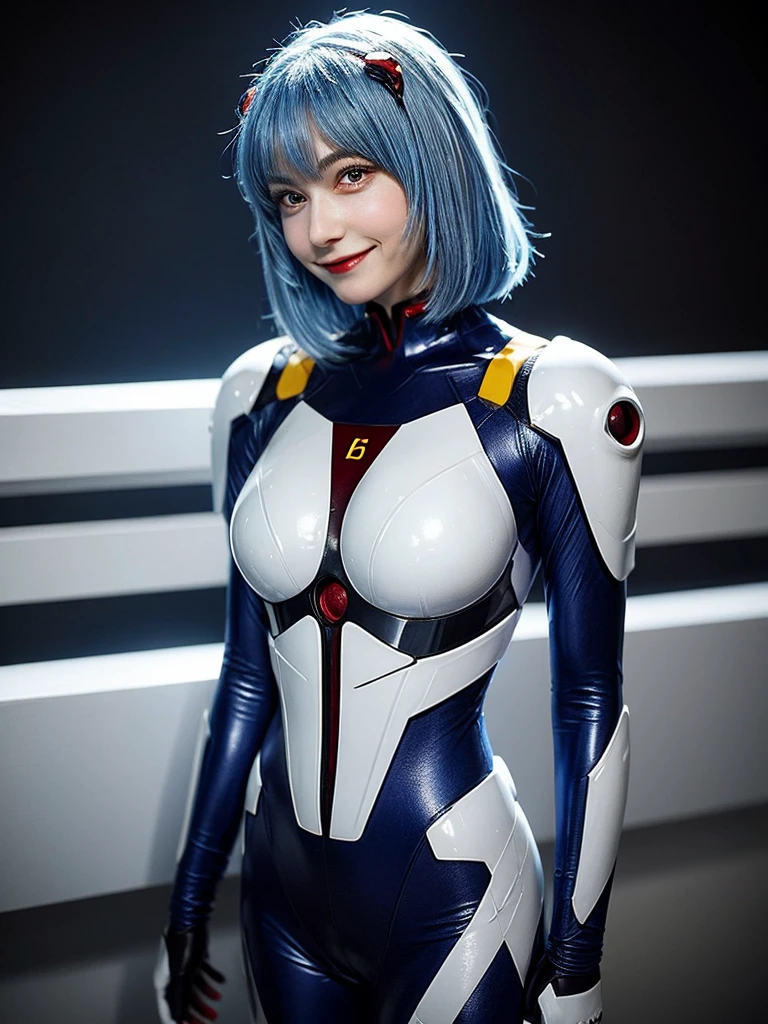 Masterpiece, highest quality, 8K, detailed skin texture, fine cloth texture, beautiful detailed face, intricate details, super detailed, portrait of Rei Ayanami, blue hair, red eyes, looking far away, no background, Evangelion Wearing a plug suit when riding, plug suit, whole body visible, standing, arms crossed, 15 years old, beautiful, cute, great style, smiling