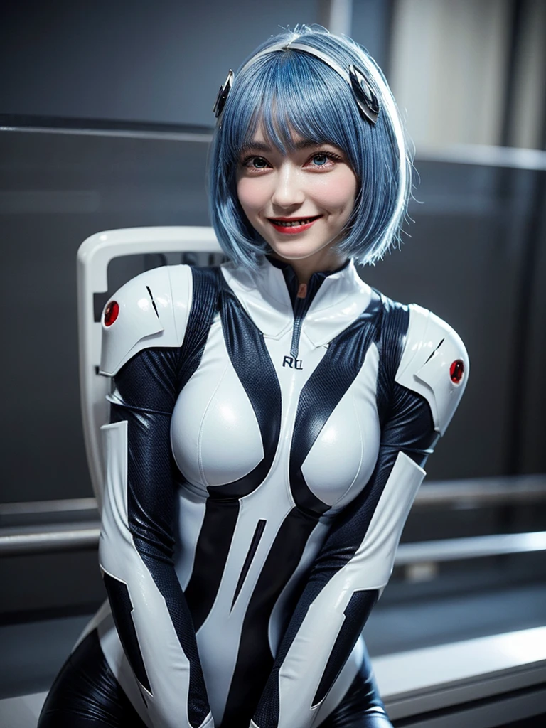 Masterpiece, highest quality, 8K, detailed skin texture, fine cloth texture, beautiful detailed face, intricate details, super detailed, portrait of Rei Ayanami, blue hair, red eyes, looking far away, no background, Evangelion Wearing a plug suit when riding, plug suit, whole body visible, standing, arms crossed, , beautiful, cute, great style, smiling