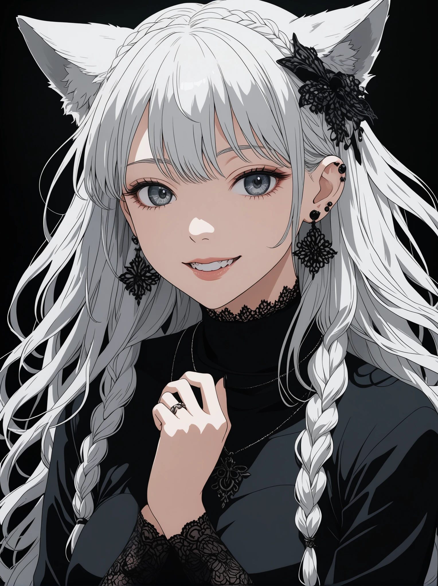 studio ghibli anime ,screencap , masterpiece, best quality, highly detailed, shading,(fullbody shot:3.0), Goth woman, perfect face, beautiful eyes, perfect eyes, thick eye lashes, beautiful face, dark makeup, dark lipstick, wearing, happy, pale skin, smiling, perfect white teeth, long curly white hair, side braid, wolf ears, medium breasts, ear piercings, curvy, wide hips, beautiful turtleneck dress, covered, thigh high lace stockings, long skirt, black boots, tattoos, hair accessories, deep black background, thick white outline surrounding just the character, POV from the ground up, character looking down at the viewer, touching her own lips with her right hand