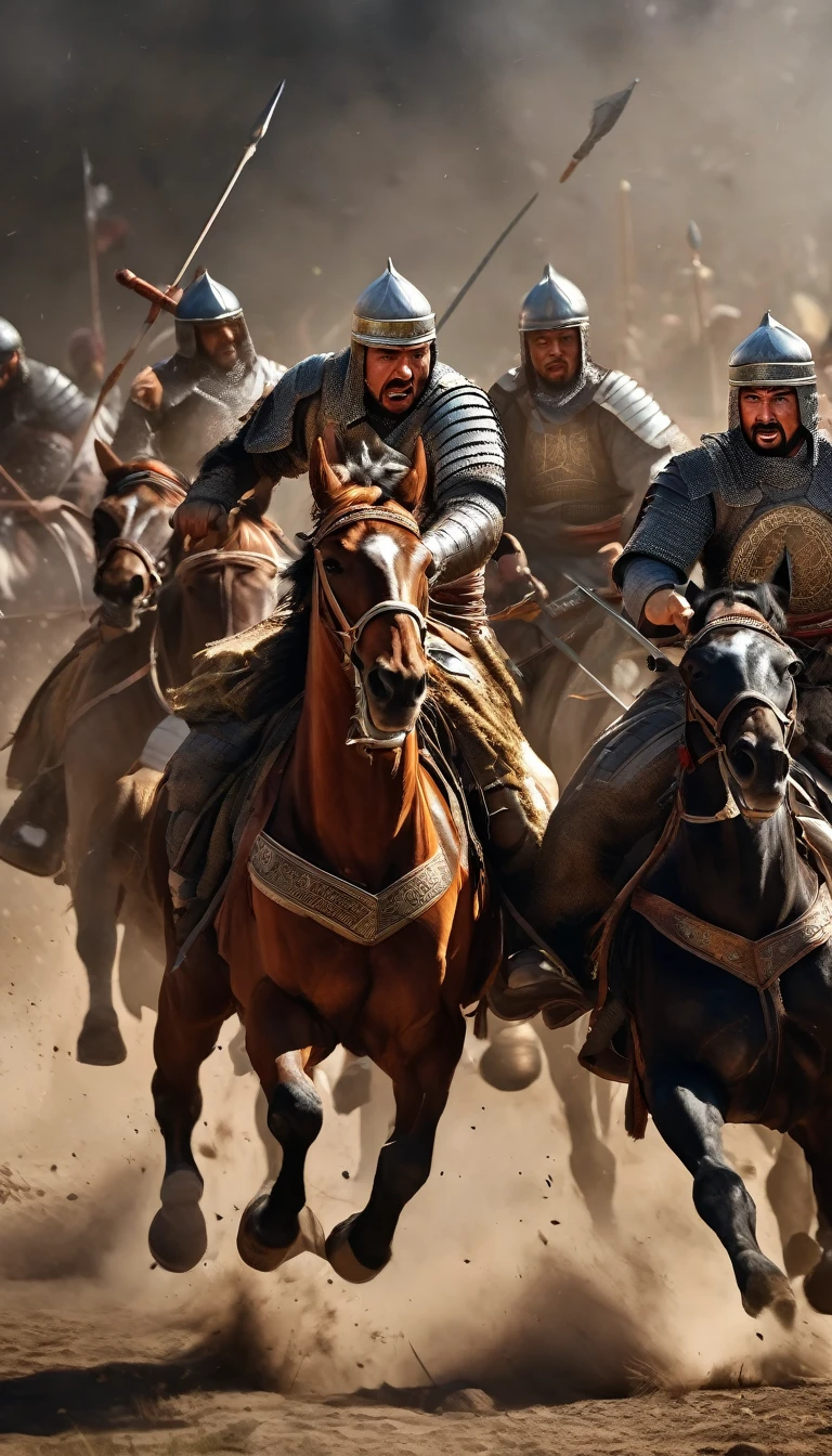 Tension and determination fill the air as both sides clash in a chaotic melee, with shouts and battle cries echoing across the battlefield. The Mamluks fight fiercely to defend their homeland, while the Mongols, known for their brutality, are determined to conquer, background dark, hyper realistic, ultra detailed hyper realistic, photorealistic, Studio Lighting, reflections, dynamic pose, Cinematic, Color Grading, Photography, Shot on 50mm lens, Ultra-Wide Angle, Depth of Field, hyper-detailed, beautifully color, 8k, (best quality,4k,highres,masterpiece:1.2),ultra-detailed,(realistic,photorealistic:1.37)